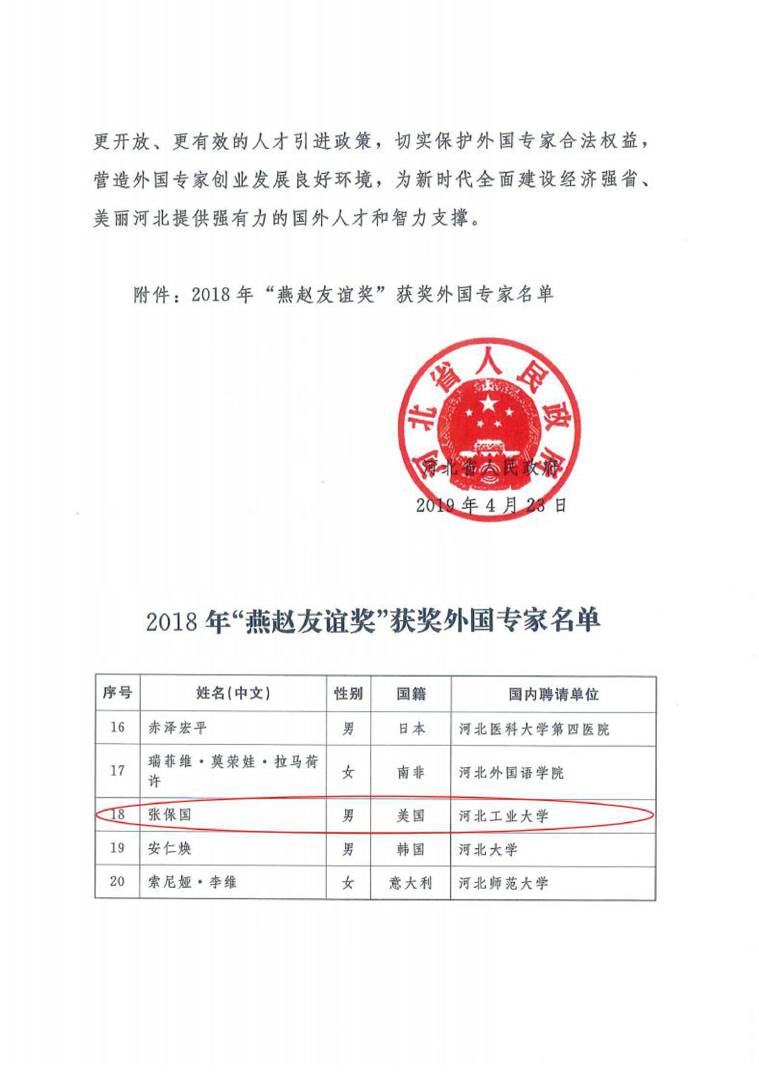 我校张保国教授荣获2018年“燕赵友谊奖”